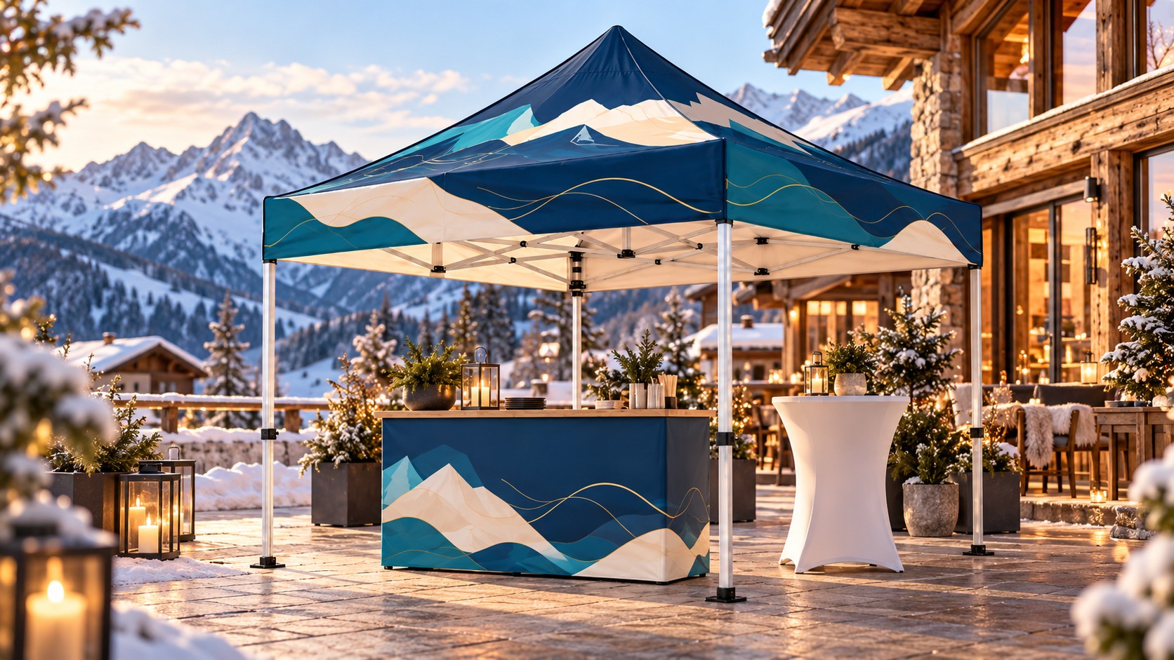 Bedrucktes Faltzelt 3 × 3 m auf der Terrasse einer Berghütte