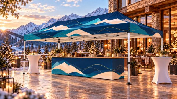 Bedrucktes Faltzelt 3 × 4,5 m vor einem Berghotel