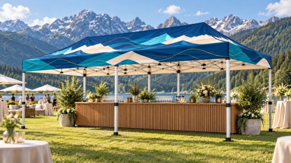 Bedrucktes Faltzelt 3 × 6 m auf einer Eventwiese