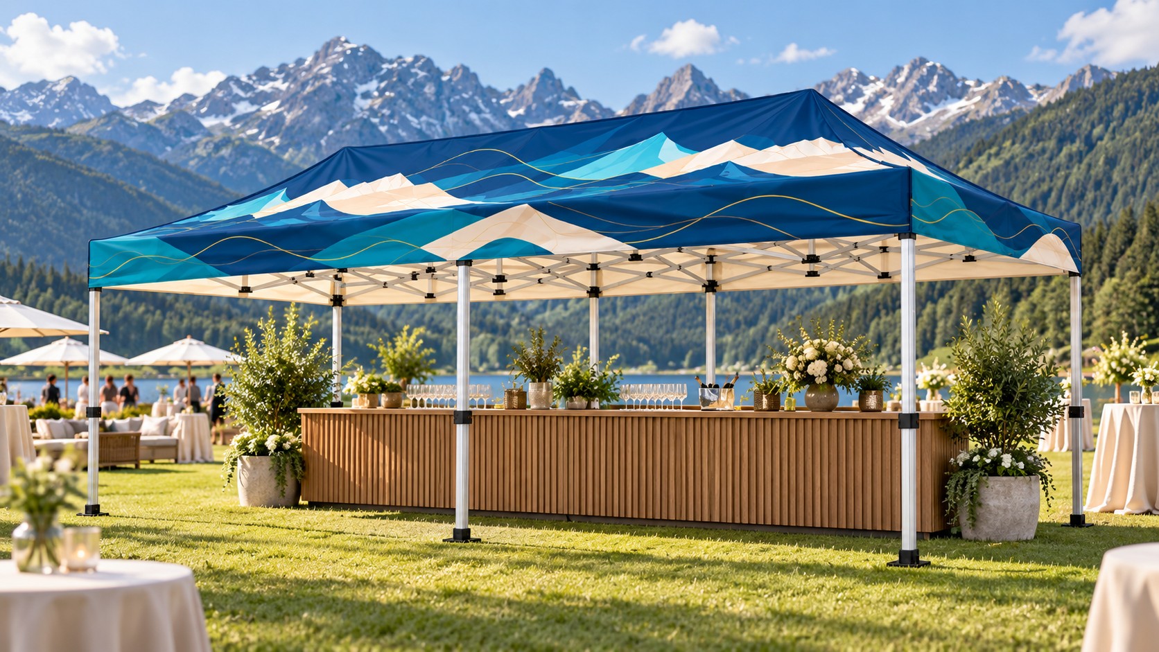 Bedrucktes Faltzelt 3 × 6 m auf einer Eventwiese