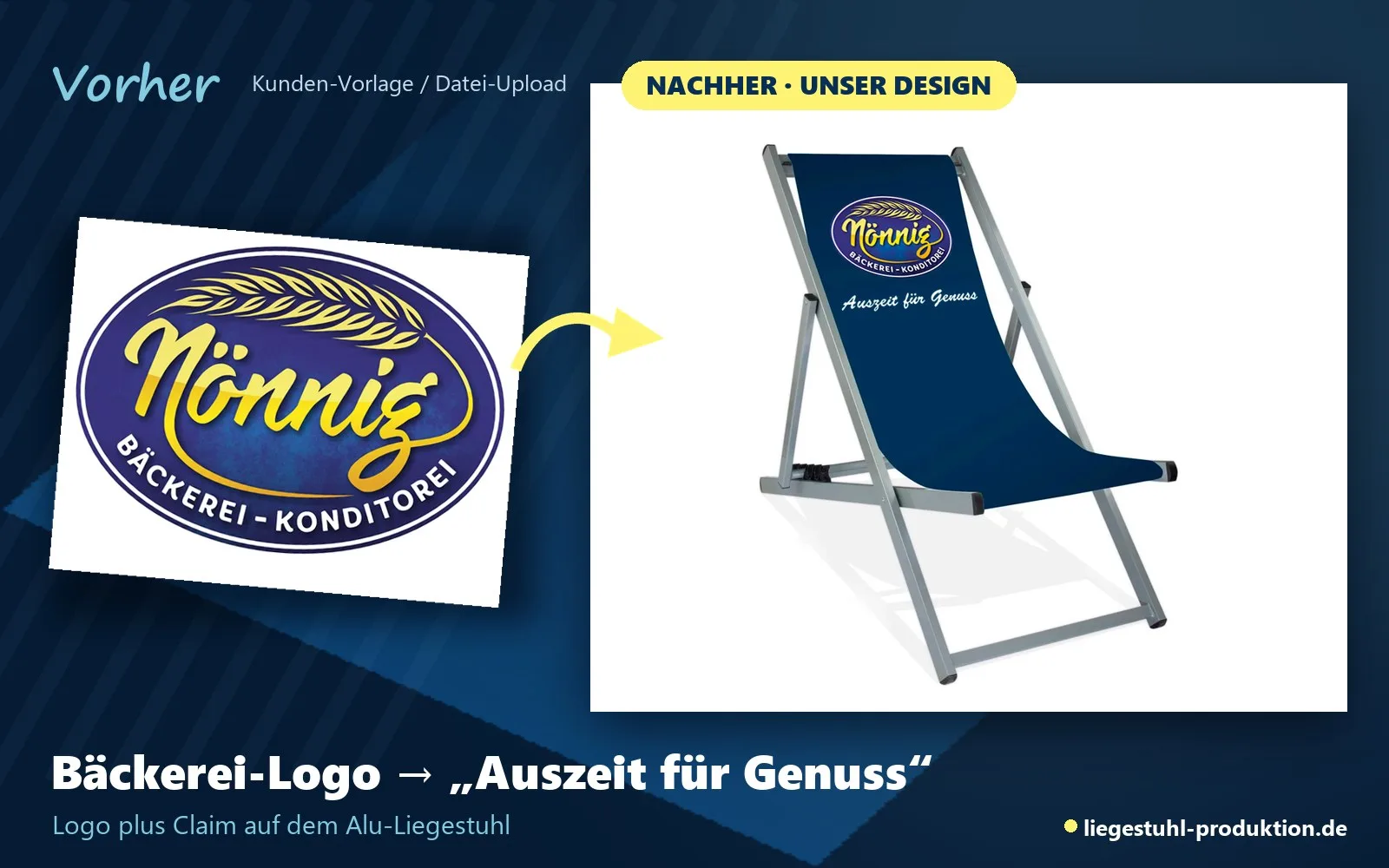 Vorher: Bäckerei-Logo. Nachher: Engineer mit Logo und Claim