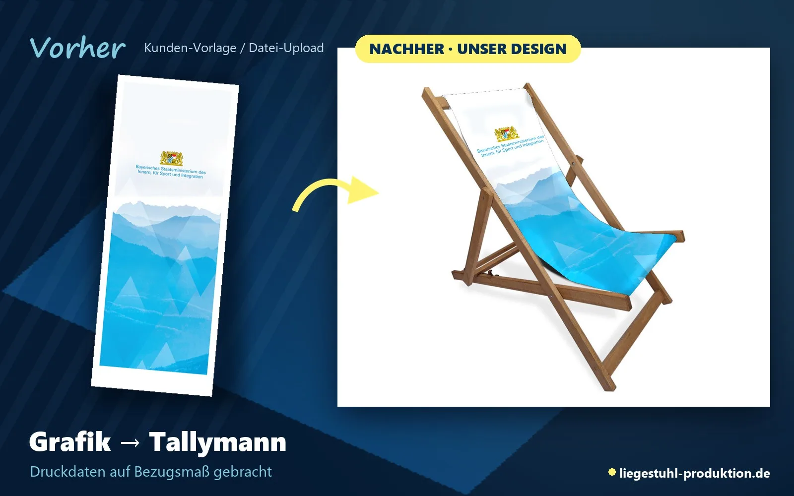 Vorher: Grafik. Nachher: Tallymann mit Druckdaten auf Bezugsmaß