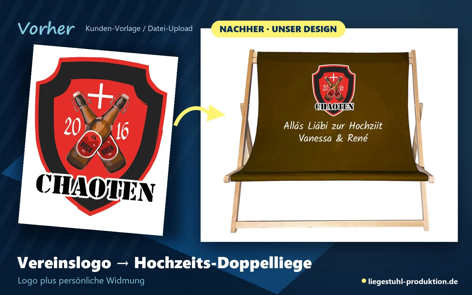 Vorher: Vereinslogo. Nachher: FOFFTEIN mit Logo und Widmung