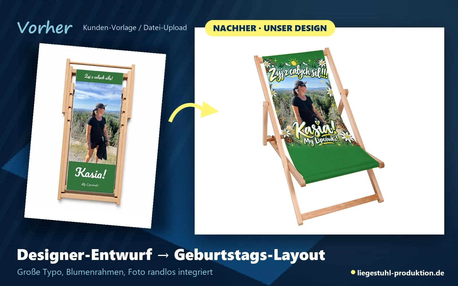Vorher: Entwurf aus dem Designer. Nachher: Skipper mit Geburtstags-Layout