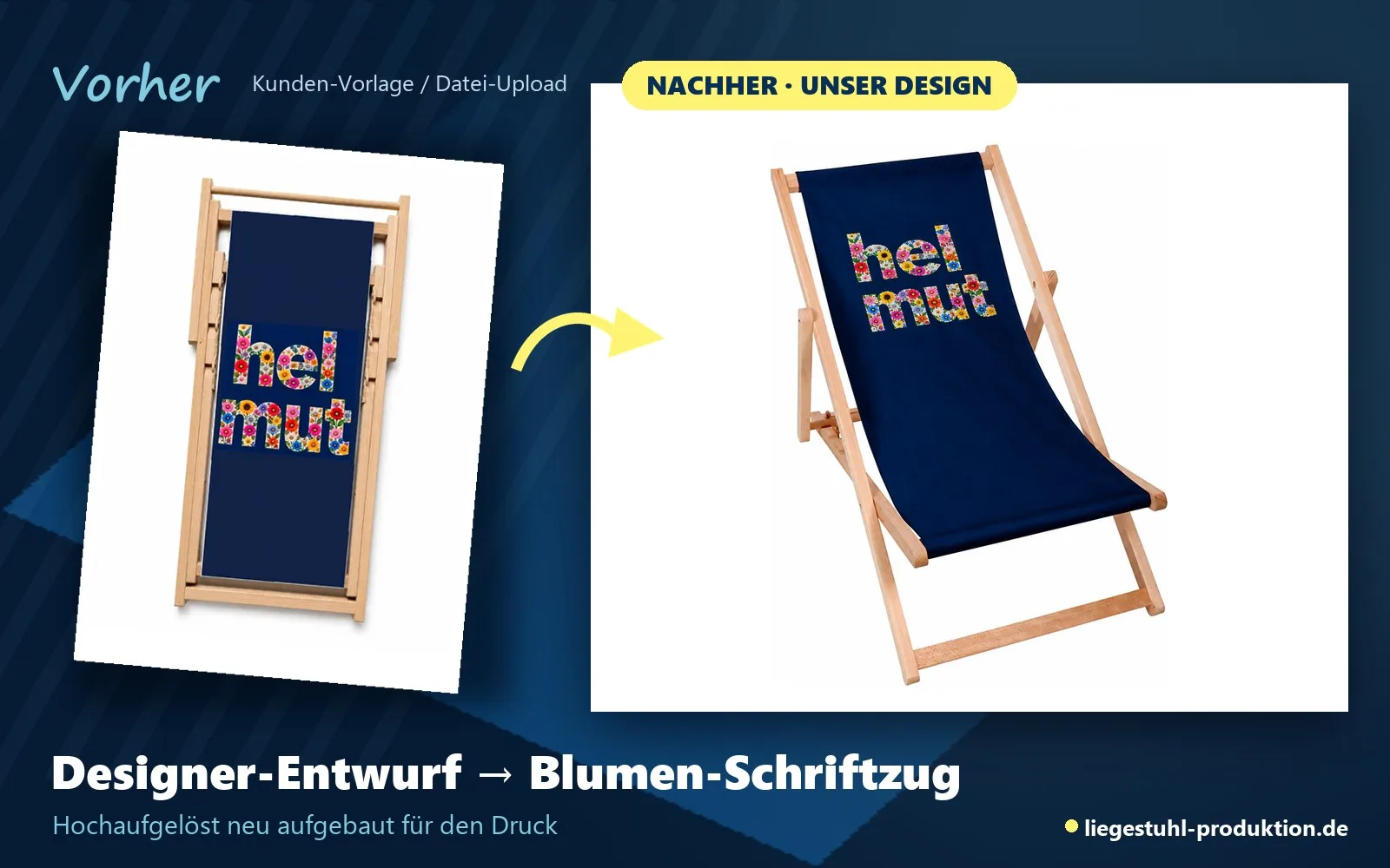 Vorher: Entwurf aus dem Designer. Nachher: Skipper mit Blumen-Schriftzug