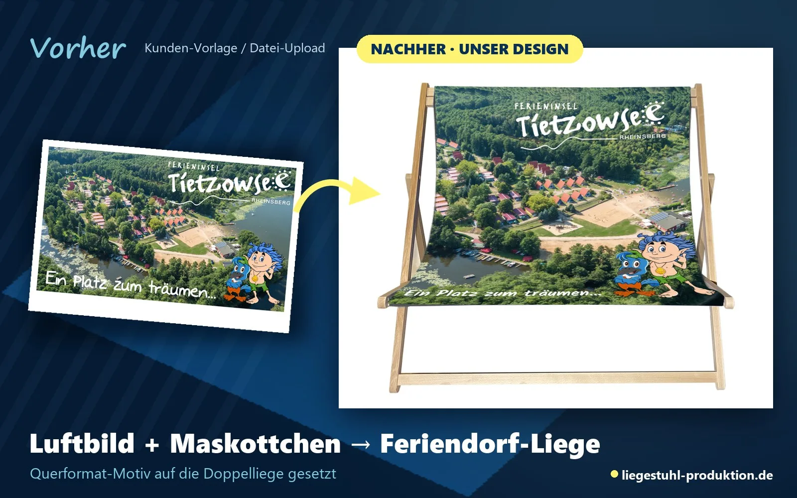 Vorher: Luftbild mit Maskottchen. Nachher: FOFFTEIN für ein Feriendorf