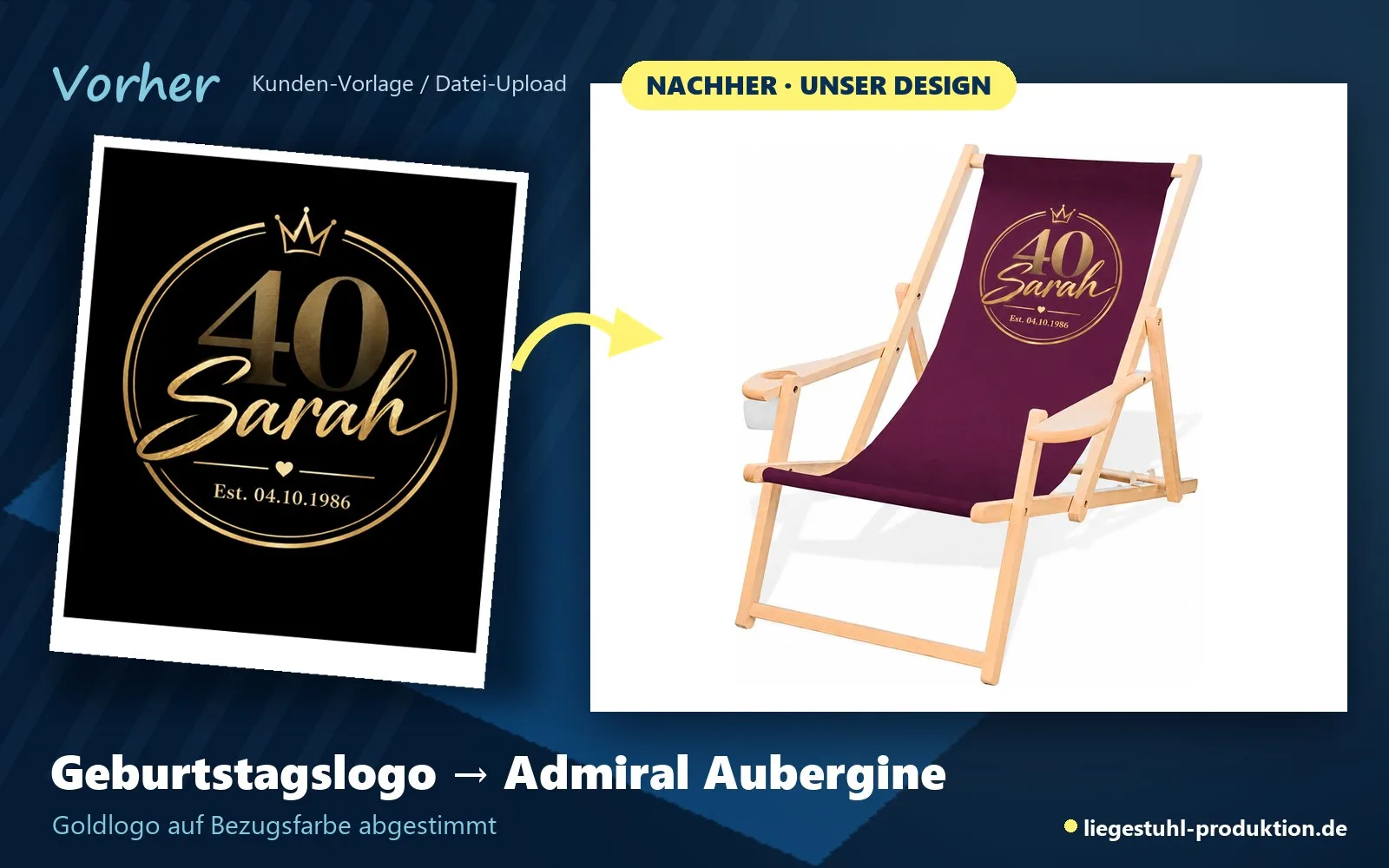 Vorher: Geburtstagslogo. Nachher: Admiral in Aubergine mit Goldlogo