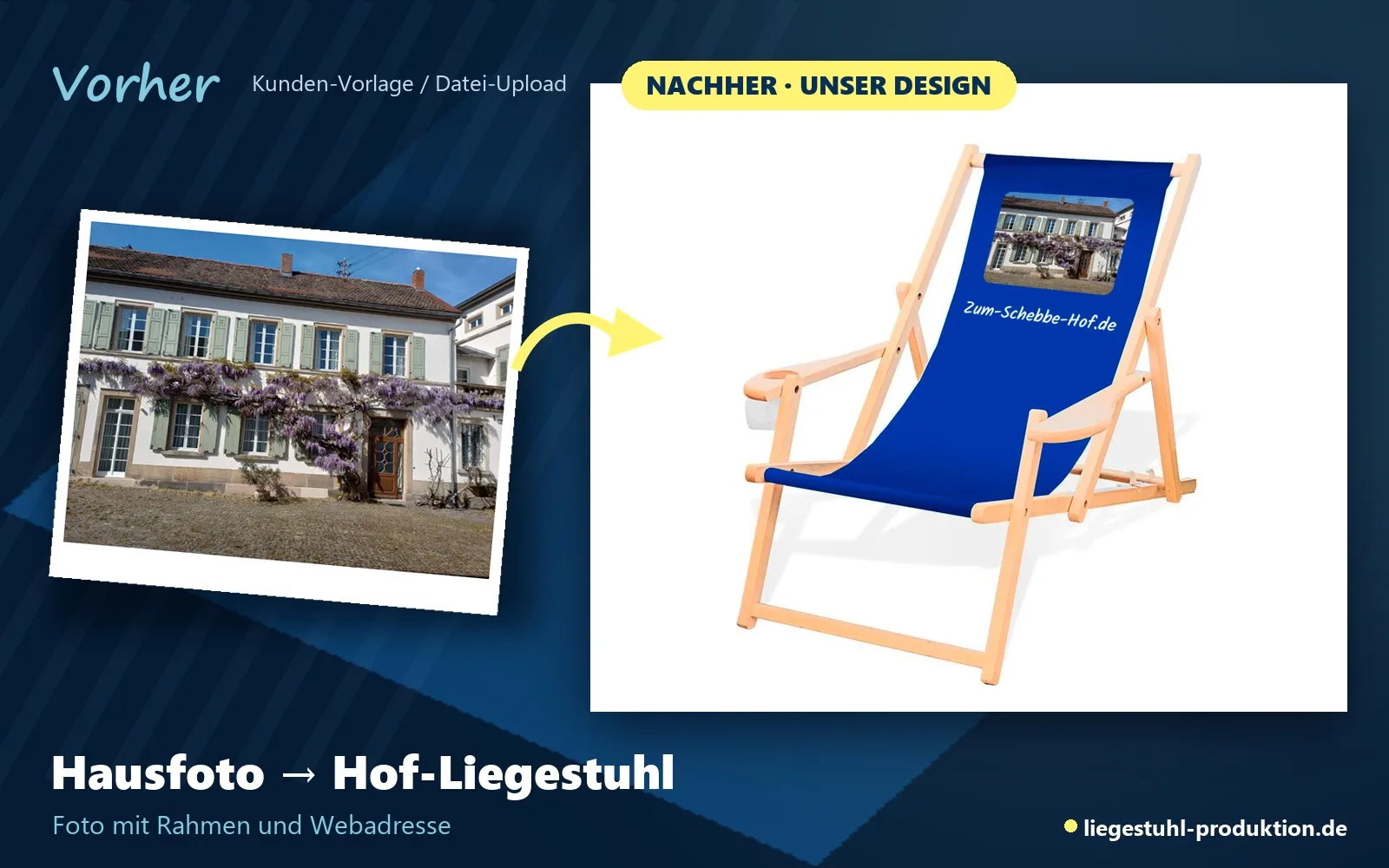 Vorher: Foto eines Hauses. Nachher: Admiral mit Hausfoto und Webadresse