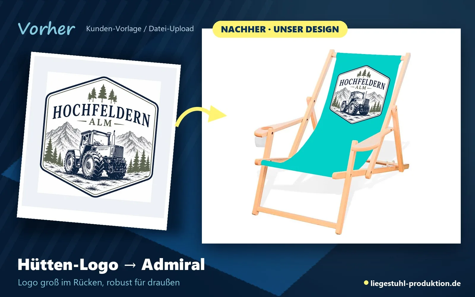 Vorher: Hütten-Logo. Nachher: Admiral in Türkis mit Logo