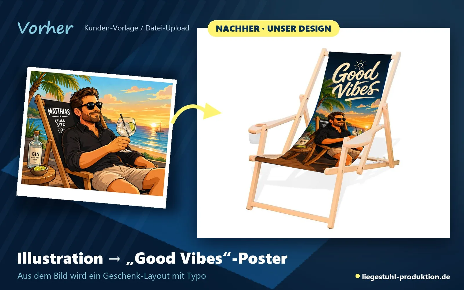 Vorher: Illustration. Nachher: Admiral mit Good-Vibes-Layout