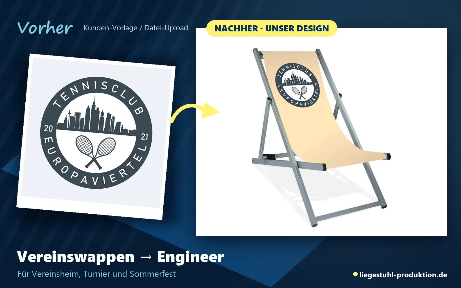 Vorher: Vereinswappen. Nachher: Engineer in Sand mit Wappen