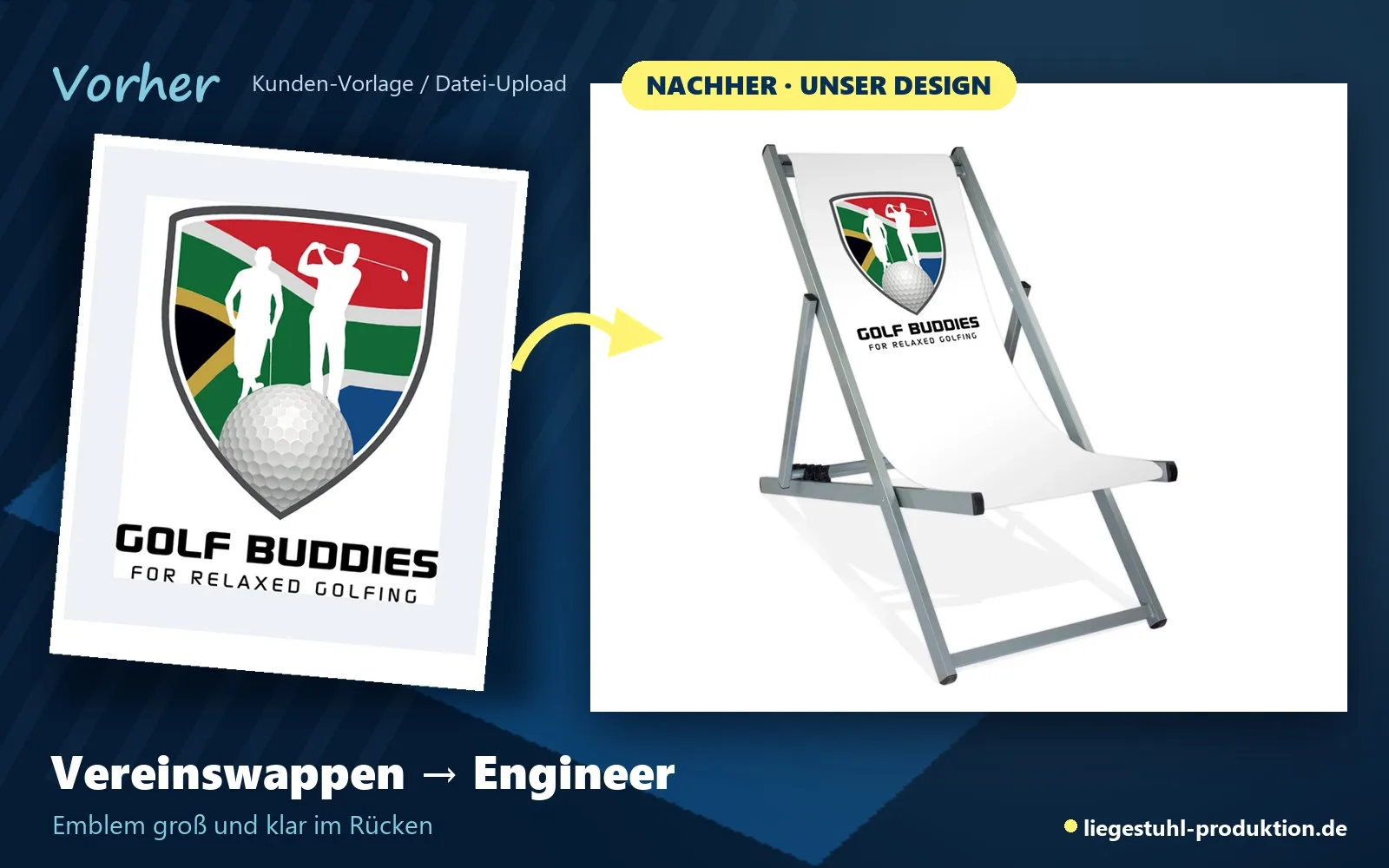 Vorher: Vereinswappen. Nachher: Engineer mit Emblem