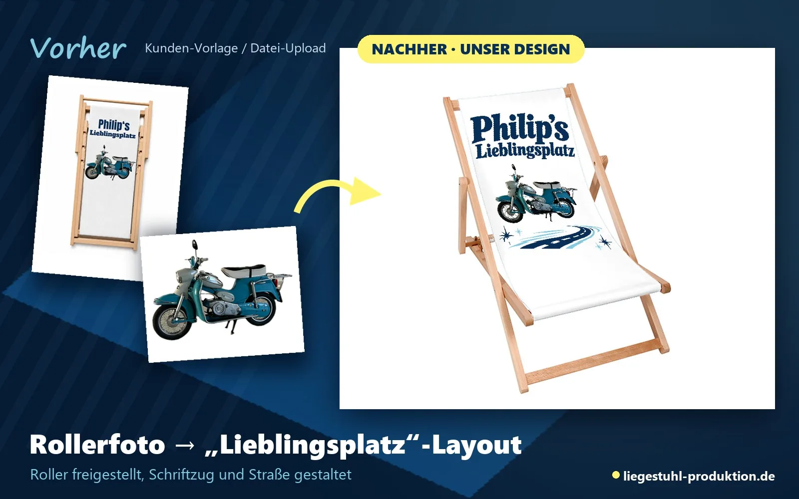 Vorher: Rollerfoto des Kunden. Nachher: Liegestuhl Skipper mit Lieblingsplatz-Layout
