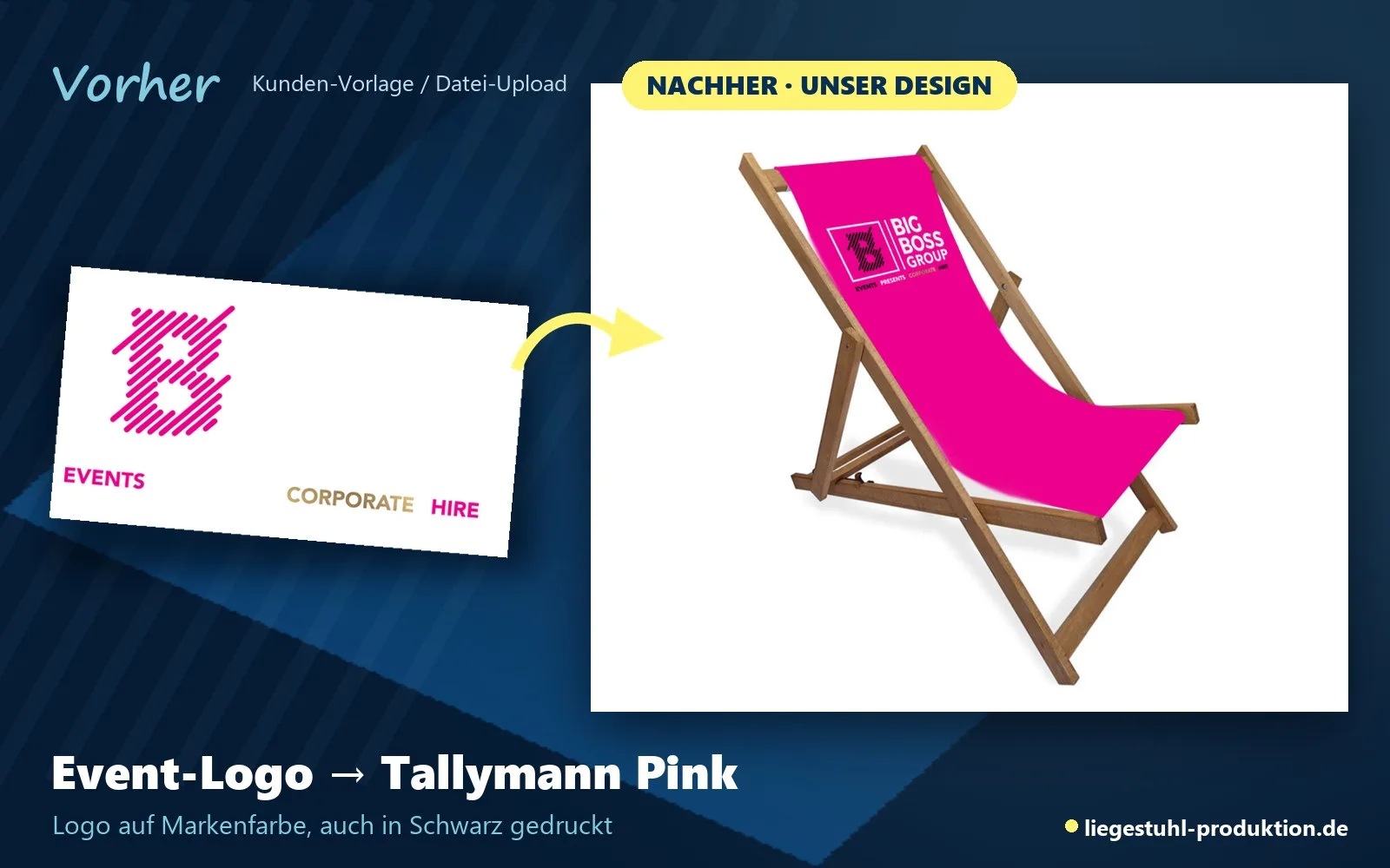 Vorher: Event-Logo. Nachher: Tallymann in Pink mit Logo