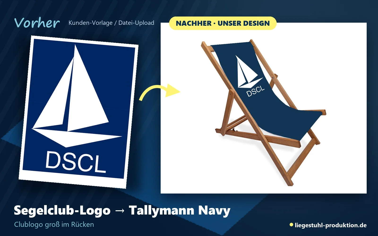 Vorher: Segelclub-Logo. Nachher: Tallymann in Navy mit Clublogo