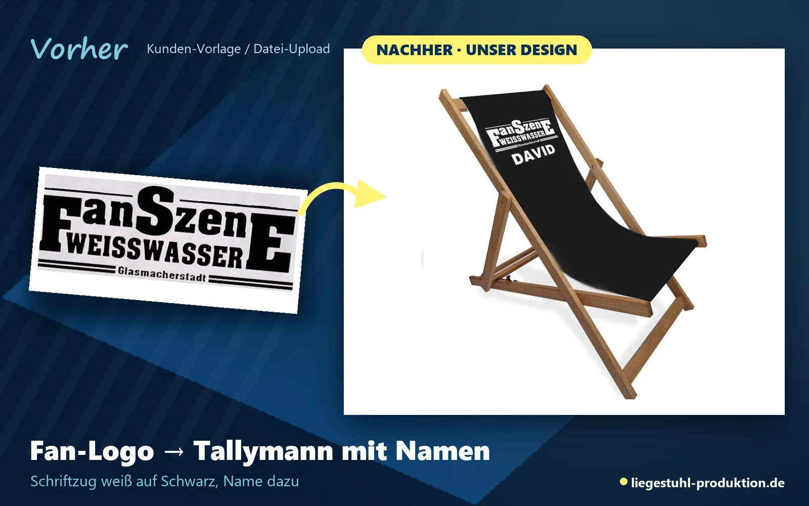 Vorher: Fan-Logo. Nachher: Tallymann in Schwarz mit Namen