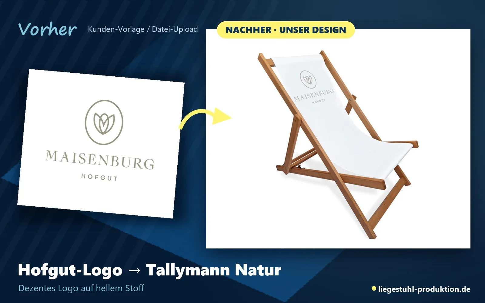 Vorher: Hofgut-Logo. Nachher: Tallymann mit dezentem Logo