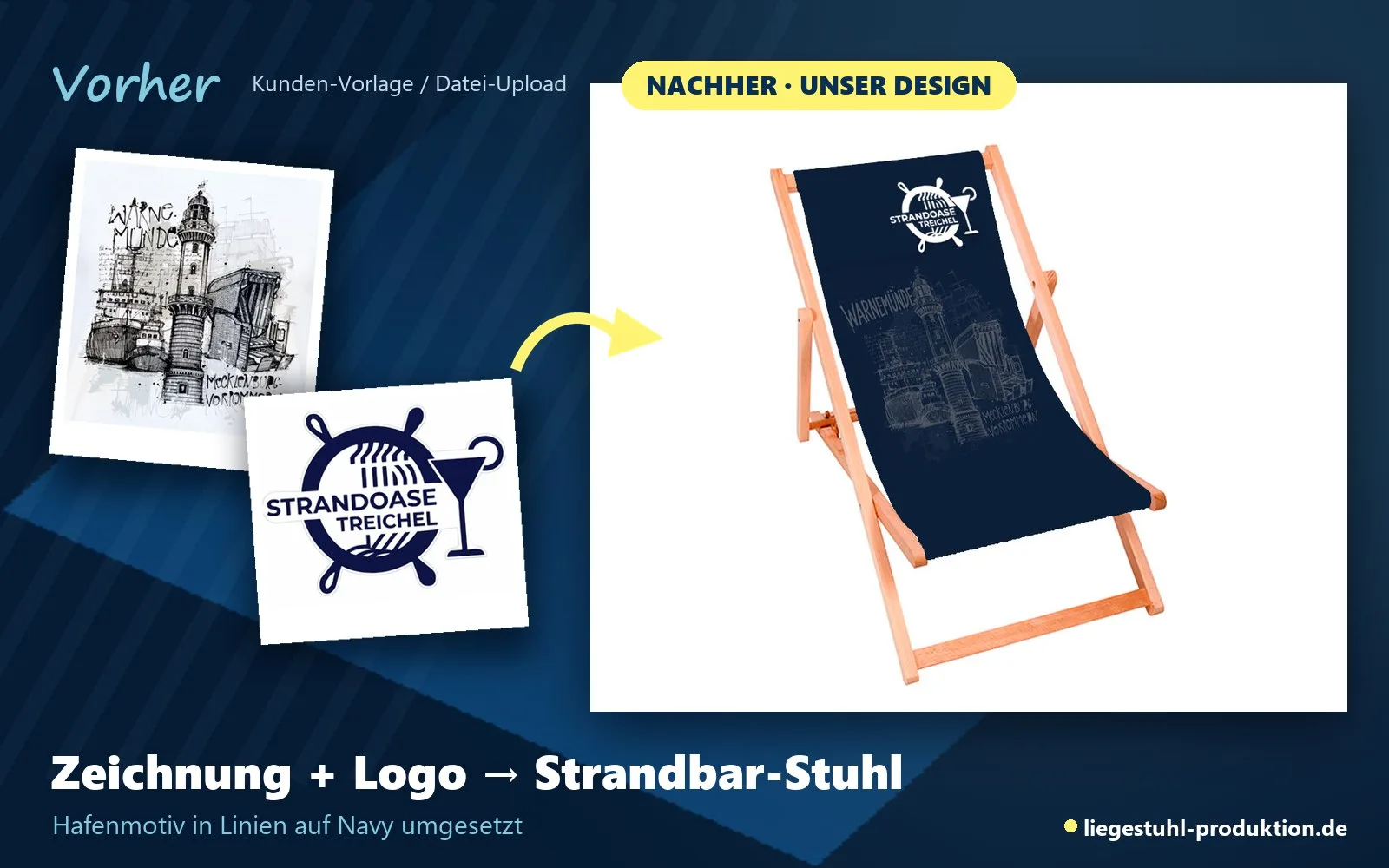 Vorher: Zeichnung und Logo. Nachher: Skipper für eine Strandbar