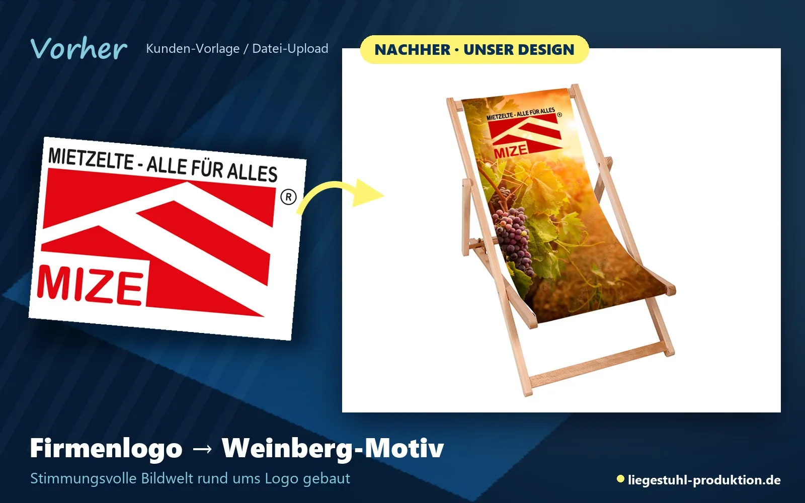 Vorher: Firmenlogo. Nachher: Skipper mit Weinberg-Motiv